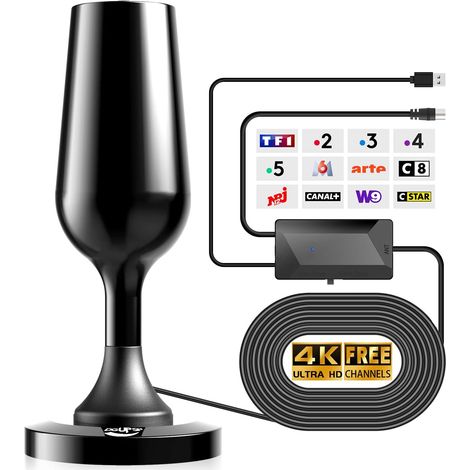 Antenne TV Intérieure Puissante TNT HD, Le Plus récent Antenne TV Intérieur avec Amplificateur de Signal à Gain Élevé, Réception Longue Portée à 360° avec Base Magnétique Solide - Noir (1/5)