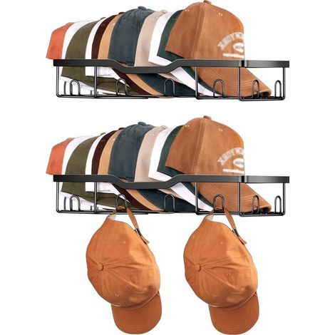 Porte Casquette Mural en Métal – Lot de 2 Supports Muraux pour 20 Casquettes – Rangement Casquettes Mur, Organisateur de Chapeaux et Snapbacks – Étagère Murale en Métal Noir (1/5)