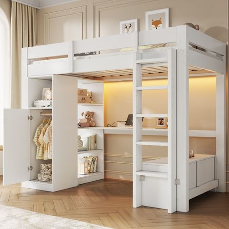 Modernluxe - Lit mezzanine 90x200cm - avec 3 tiroirs et étagères - Éclairage LED - MDF - Blanc (sans matelas) (1/5)