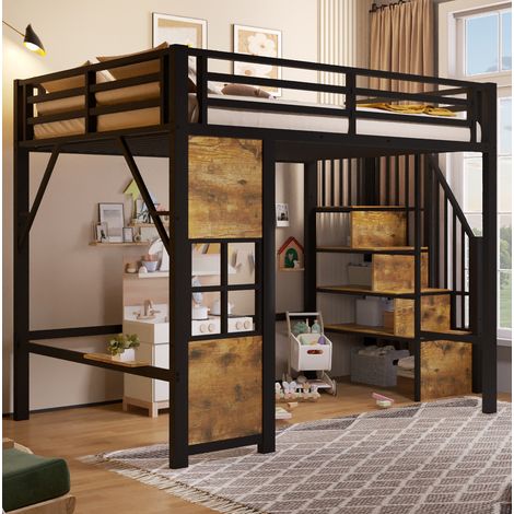 Cama alta infantil 140x200 cm con escalera de almacenaje, metal y MDF, negro DESVIAE (1/5)