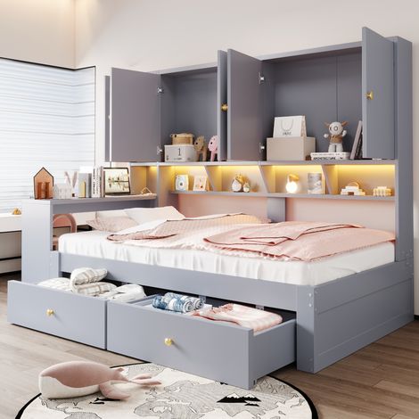 Lit simple multifonction 90 x 200 cm avec bureau, rangements, LED et prises gris (1/5)