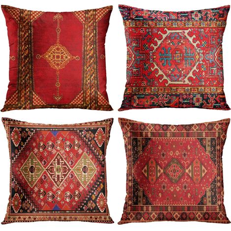 BEBUSINGOTO Juego de 4 piezas de alfombra persa turca con estampado floral rojo vintage, funda de cojín de lino, funda de almohada para el hogar, funda de almohada geométrica persa Kilim, decoración d (1/5)