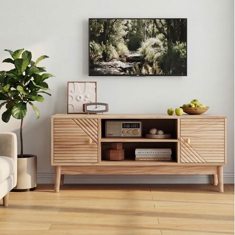 Meuble TV 110x40x48 cm chêne en MDF avec rangement, passe-câbles et fermeture douce (1/5)