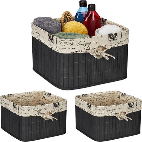 3x Cesto Portaoggetti, in Bambù, Rivestimento in Poliestere, Foro per il Trasporto, HLP 20x31x31 cm, Nero Crema (1/5)
