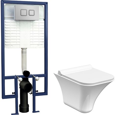 Porthill Rimless Wall Hung Toilet Pan, Soft Close Seat & Concealed Cistern with Square Push Button Plate, 355mm - Balterley