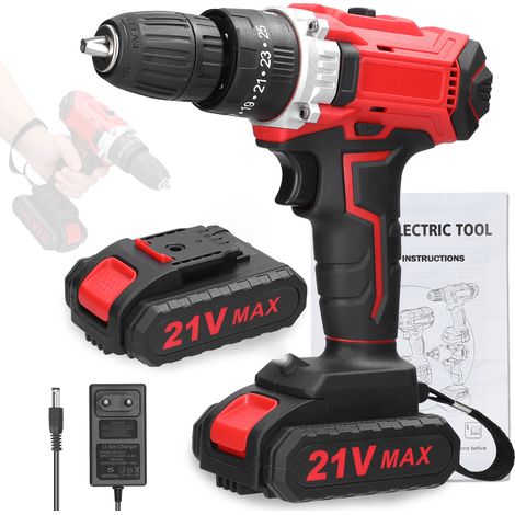 Trapano avvitatore a batteria da 21 V, avvitatore a batteria con 2 batterie, 25 impostazioni di coppia, 2 velocità, luce LED, valigetta per il trasporto, per il fai da te