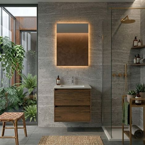 Mobile Bagno Sospeso 60 cm con 2 Cassetti e Lavabo Incasso Noce Maya – Linea