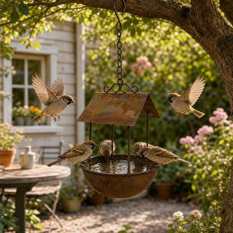 Baignoire à oiseaux suspendue avec plateau mangeoire en métal fini rustique, idéale pour une station pour oiseaux sauvages dans votre jardin ou sur (1/5)