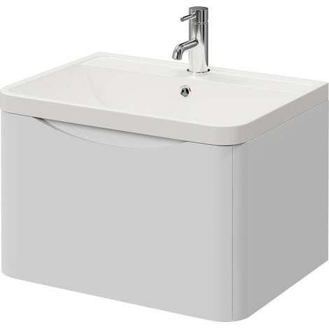 Vela Satin White 600mm Wall Mounted Single Drawer Vanity Unit with Anya Basin