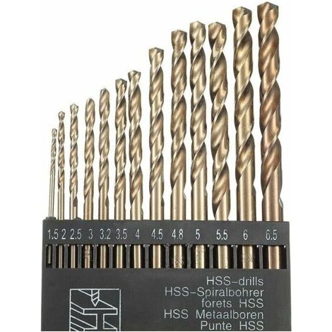 Juego de 13 brocas helicoidales HSS M35 de cobalto y oro HSS para taladros métricos de alta velocidad, de 1,5 mm a 6,5 mm, para taladrar acero inoxidable y metal. (1/5)