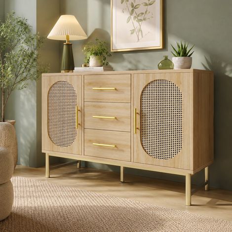 Rattan kommode Sideboard mit 3-Schubladen und 2-Rattan-Türer,komodenschrank, Schminktisch, für Schlafzimmer und Wohnzimmer, Verstellbare Regale, Kippschutz, 120 x 40 x 74 cm, Sonoma Eiche (1/5)