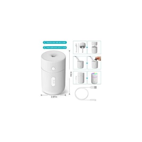 Humidificateur, mini humidificateur ultrasonique avec 2 modes de brumisation réglables, arrêt automatique et veilleuse colorée, humidificateur USB portable pour voiture, maison, bureau, chambre (blanc (1/5)