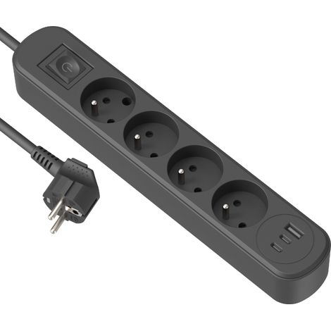 Bloc Multiprise 4 Prises 16A + 3 USB (1 USB A + 2 USB C PD20W) avec Interrupteur, Câble 1.5M, Noir (1/5)