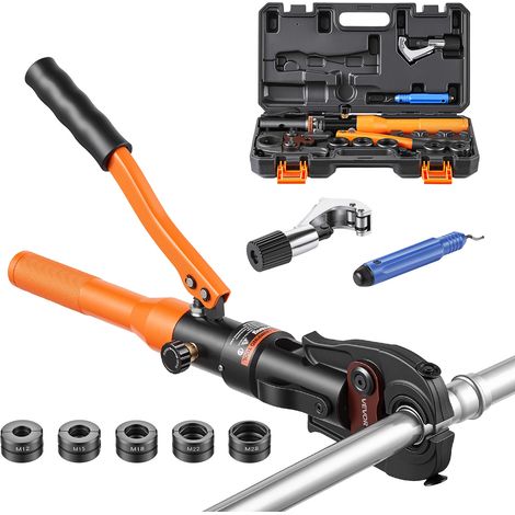 VEVOR Hydraulische Rohrpresszange mit 5 M-Pressbacken Manuelle Crimpzange, Handpresszange für Edelstahl- & Kupferrohre, inkl. M12 M15 M18 M22 M28 Kontur-Set, mit Rohrschneider Entgrater & Tragkasten (1/5)