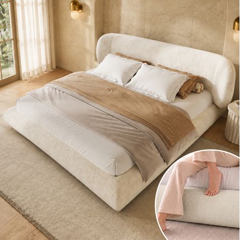 Doppelbett 140x200 cm aus beigem Chenille, stabiles Kopfteil, ohne Matratze – MEUBLIV (1/5)