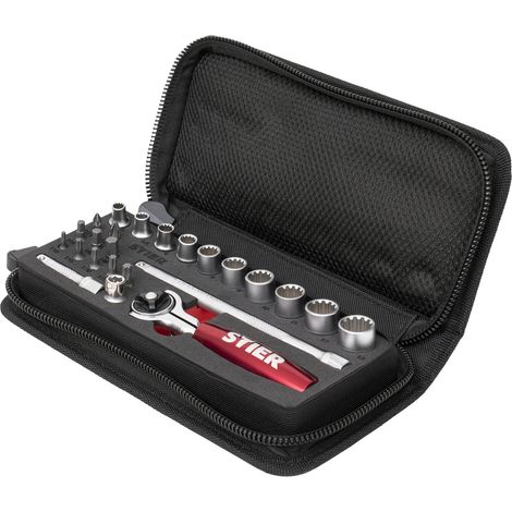 STIER Steckschlüssel- und Bit-Satz, 24-teilig, 1/4 Zoll, Multifunktions-Umschaltknarre, Pozidriv-Bit, Innensechskant-Bit, Torx-Bit, in Handwerkertasche