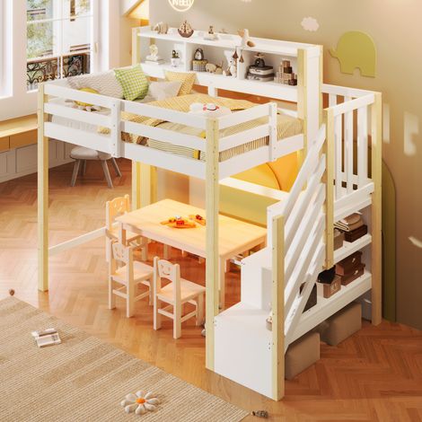 Lit mezzanine 90x200 cm lumineux LED, nombreux rangements sous le lit, échelle avec étagères, casier ouvert, sans matelas, blanc et bois naturel. (1/5)