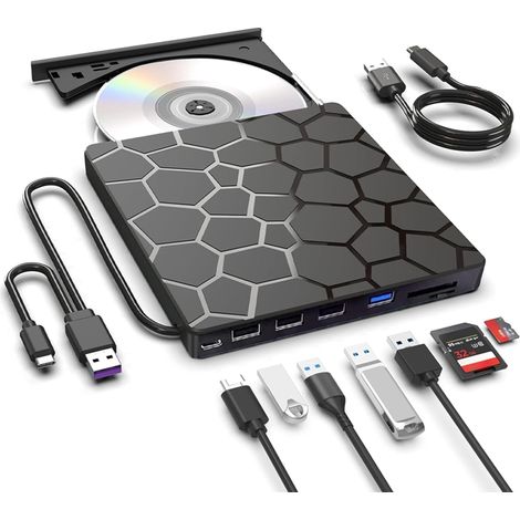Lecteur DVD Externe 7 en 1, Graveur CD/DVD, USB 3.0 et Type-C, Lecteur de Cartes, Port USB, Portable (1/5)