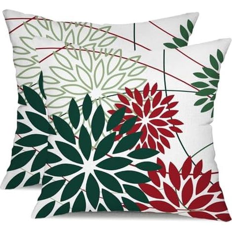 Housse De Coussin - Polyester Imperméable - 18x18 Pouces - Motif Floral Vert Et Rouge - Fermeture Éclair Cachée - Lot De 2 (1/5)
