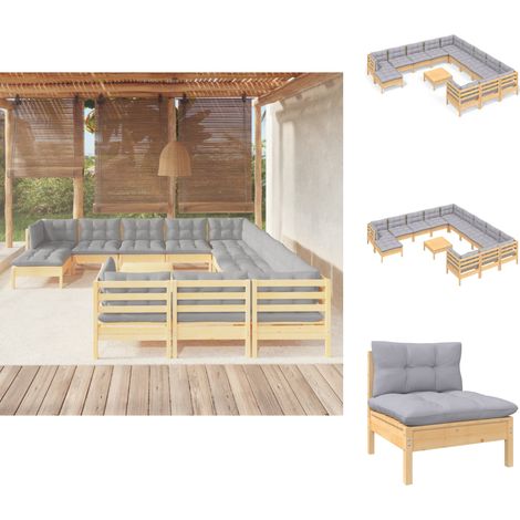 Gartenmöbel-Sets - Living 13-tlg. Garten-Lounge-Set mit Grauen Kissen Kiefernholz (1/5)