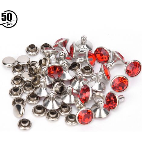 Lot de 50 clous strass cristal diamant pour cuir, sacs et vêtements, décoration 8mm, bord argenté, diamant rouge (1/5)