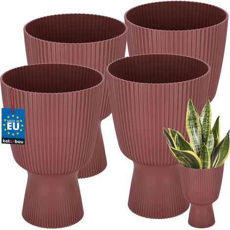 KOTARBAU® Lot de 4 Pot de Fleur  Ø 18 cm - Pot de Fleur Interieur - PVC - Pot de Fleur Exterieur - Pot pour Plante avec Socle - Nervuré - Forme de Coupe - H: 27 cm - Marsala (1/4)