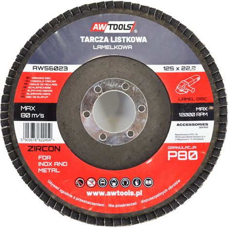 Awtools, Disco de lijado laminar 125 mm P80, herramienta de lijado para inox y metal, grano P80 zirconio, para trabajos de desbaste y eliminación de óxido, trabajos industriales, carpintería y restaur