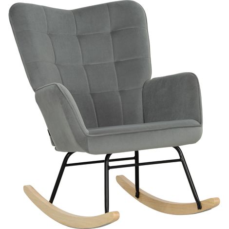 Silla mecedora de terciopelo gris oscuro con reposabrazos y base de madera HOMVRA (1/5)