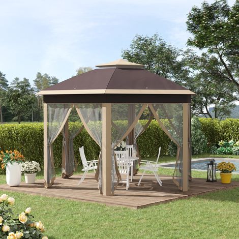 Pavillon de jardin pliable, tente pop-up 4 x 4 m, tente de réception avec sac de transport, 6 panneaux latéraux, double toit, hexagonale, kaki