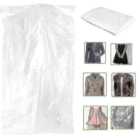 Packung mit 50 transparenten, staubdichten Kleidersäcken zum Aufhängen von Kleidung. (1/4)