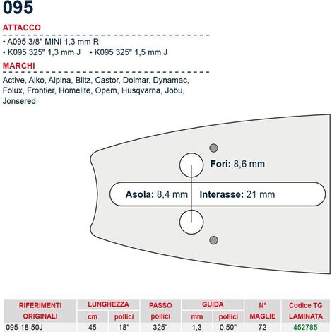 Barra motosega 45 cm - 18" passo .325" Spessore 1.3 mm - .050" attacco 095 - 452785