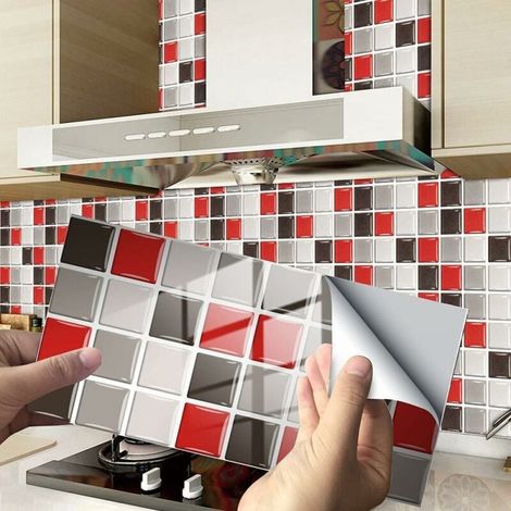 Rectangle Adhésive Décorative à Carreaux pour Salle de Bains et Cuisine Stickers Carrelage, Motif Marbre Mosaïque Imperméables Adhésive Décoration (Rouge Mosaïque,24Pièces)