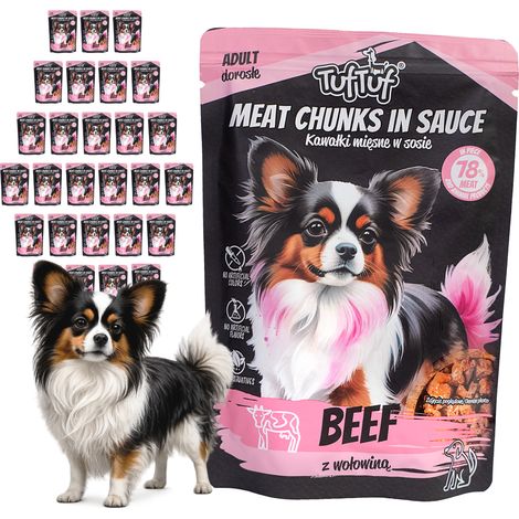 Cibo umido per cani TufTuf, confezione da 30 bustine da 100 g di manzo a pezzetti. (1/2)