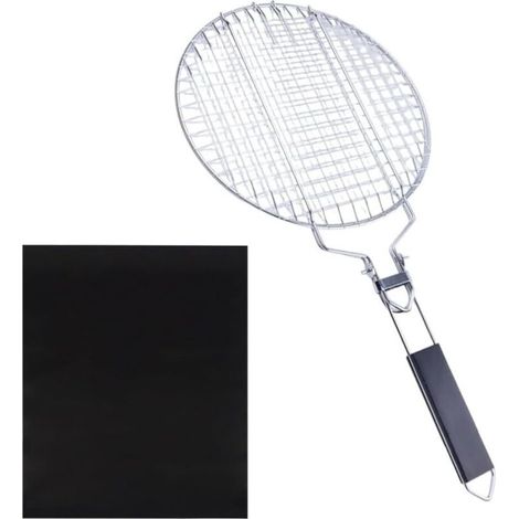 Cesta para barbacoa con mango de madera y espátula de acero inoxidable, que ofrece una solución segura y práctica para cocinar al aire libre. (1/5)