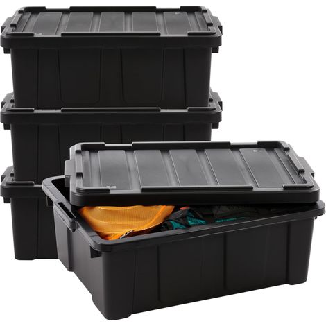 Caisse Rangement avec Couvercle Robuste, 43L, Lot de 4, Noir, Compact, Durable, Empilable, pour Garage, Etagères, Déménagement, Plastique, Boite a Outils, Bac de Rangement, DDSKT-430 (1/5)