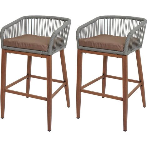 Lot de 2 tabourets de bar design avec corde tressée pour intérieur et extérieur avec coussins taupe structure métal effet bois 040009604