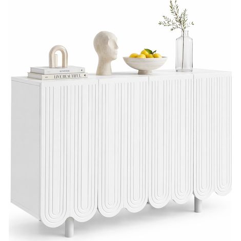 Buffet 4 portes blanc en MDF, 120 cm, avec reliefs goutte sculptés, étagères de rangement et charnières amorties pour salon moderne élégant - CHICFURN (1/5)