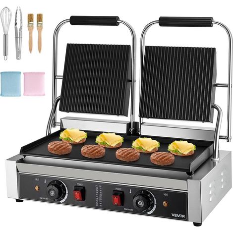 Plaque Émaillée 48,5x23 cm Cuisson Rapide Double Presse à Panini Électrique 3600W Gril en Inox Hamburger Steak Sandwich (1/5)
