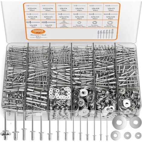 1000-teiliges Sortiment an Aluminium-Blindnieten, 14 Größen (3/32 Zoll, 1/8 Zoll, 5/32 Zoll, 3/16 Zoll, 1/4 Zoll) mit 5 Verstärkungsscheiben aus Edelstahl 304 mit Aufbewahrungskoffer (1/4)
