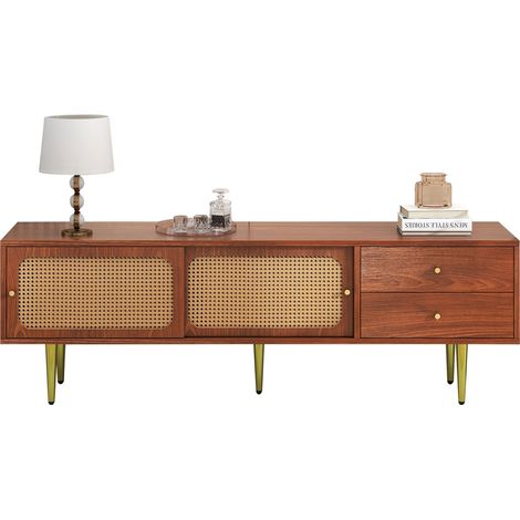 Mueble TV con puertas correderas de ratán sintético y 2 cajones MDF color nogal 160x40x60 cm HOMVRA (1/5)