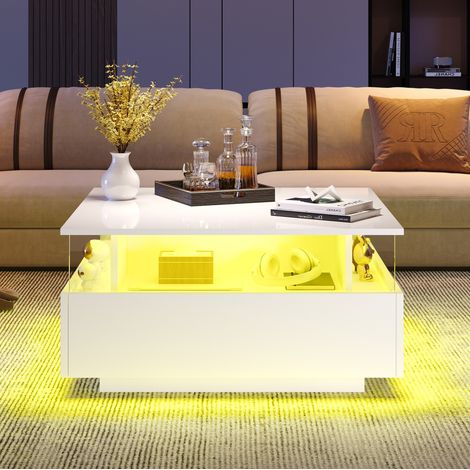 Tavolino LED 70x70x41 cm bianco con 2 cassetti, zona vetrata, truciolare MEUBLIV (1/5)