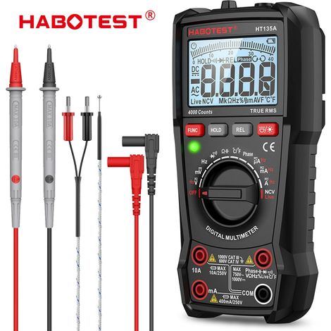 Multimètre numérique HABOTEST HT135A, 4000 lectures RMS vraies, mesure automatique, tension, courant, capacité, température, test NCV, CAT IV 600V. (1/5)
