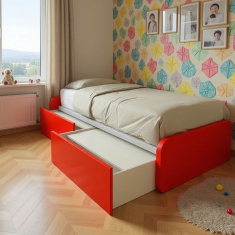 Letto singolo con cassetti 80x190 per cameretta - Design personalizzabile - Rosso