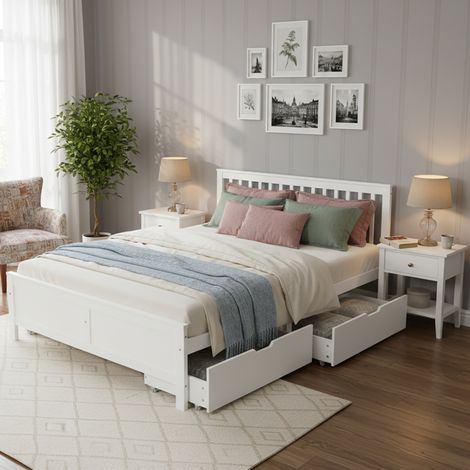 Doppelbett 140x200 cm Weiß aus Massivholz mit Schubladen und stabilem Mittelbein (1/5)