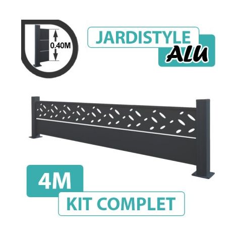 Kit Clôture Aluminium Gris Anthracite 4M - Design avec liseré - Sur Platines - 0,40 mètre