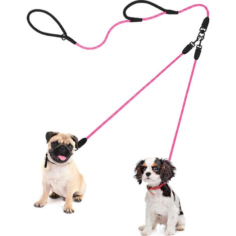 2 laisse double pour chien, corde d'escalade 0,8 cm, anti-emmêlement, poignées rembourrées, réfléchissante, pour promenade