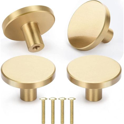 4x Runde Möbelgriffe 33 mm, gebürstetes Messing, Schrankknöpfe, Griffe für Türen, Schränke, Schubladen, Gold (1/4)
