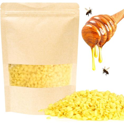 Pastilles de cire d'abeille, granulés de cire d'abeille 100 % pure, 500 g, parfaits pour les produits cosmétiques, crèmes, chiffons de cire d'abeille, savon, polissage du bois et fabrication (1/5)