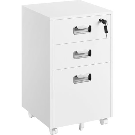 Yaheetech Cassettiera da Scrivania con Serratura con 3 Cassetti Salvaspazio Archivio Schedario Portadocumenti Mobiletto Rimovibile con Ruote Fissabili per Formato A4 Ufficio Studio 40x40x66 cm Bianco