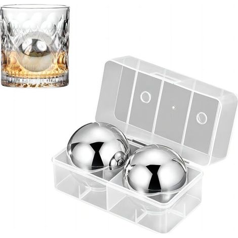 Deux boules à glace en acier inoxydable 304, pierres à glace rondes en métal, réutilisables, pour congeler des boules de glace. (1/5)